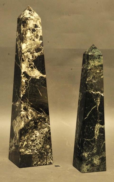 Two Marble Obelisks: 1. Black and green marble, 14 1/2"H; 2. Black and white marble, 18 1/2"H, approximately 1" chip at base of one edge