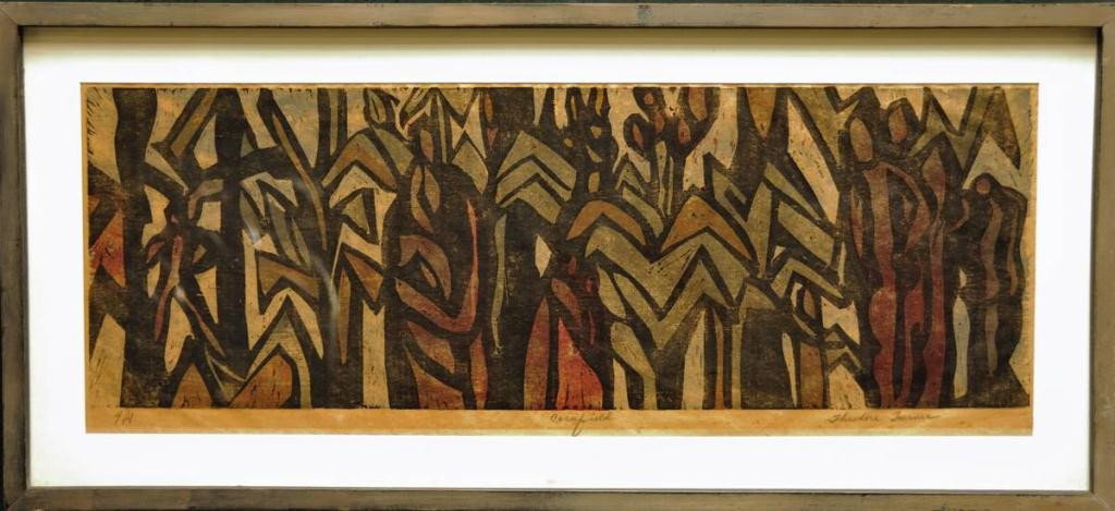 Theodore Turner (American, 1922-2002): Woodblock print "Cornfield"; pencil signed, titled and numbered #4/4; matted and under glass in wood frame; sight 34 1/4"W, 12 3/4"H; frame 40"W, 18 1/4"H--Ted Turner was a professor of art at the Uni