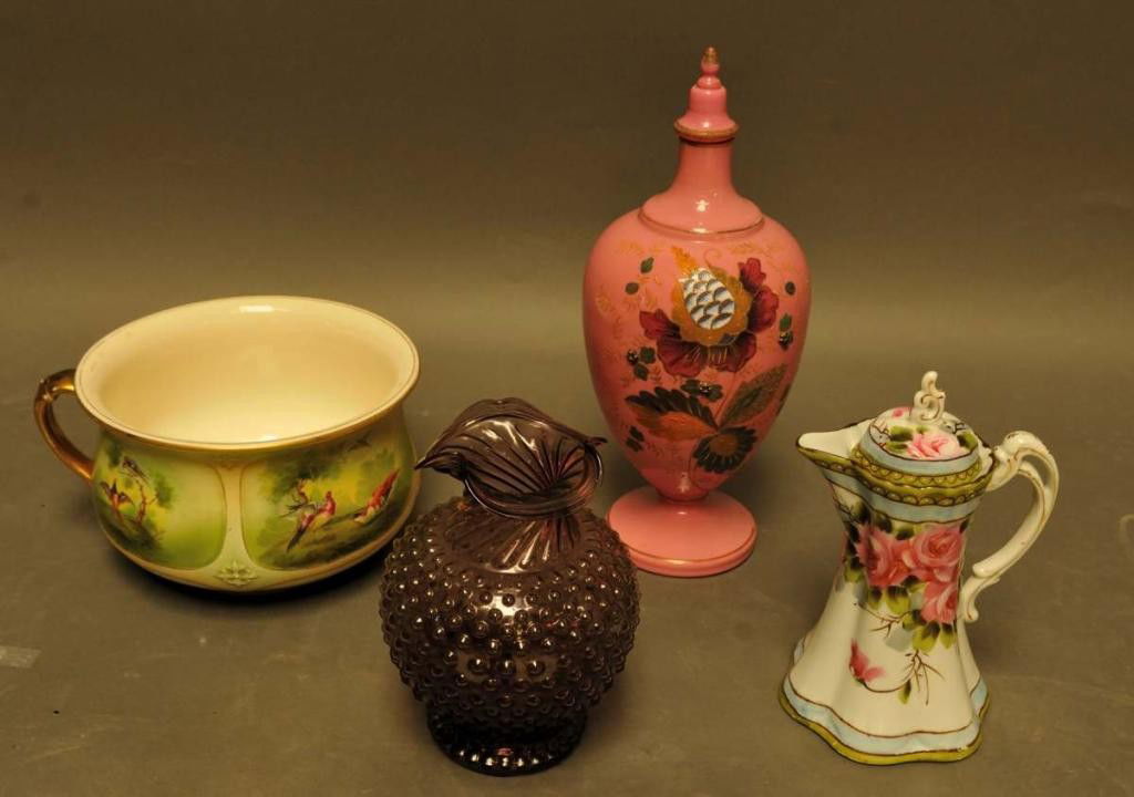 Four Glass & Ceramic Items: 1. Pink lidded Bristol glass mantle urn, polychrome enamel floral decoration embellished with raised enameling and gilding, 14 1/2"H; 2. Purple hobnail vase, 8 1/4"H; 3. Hand painted Nippon teapot, li