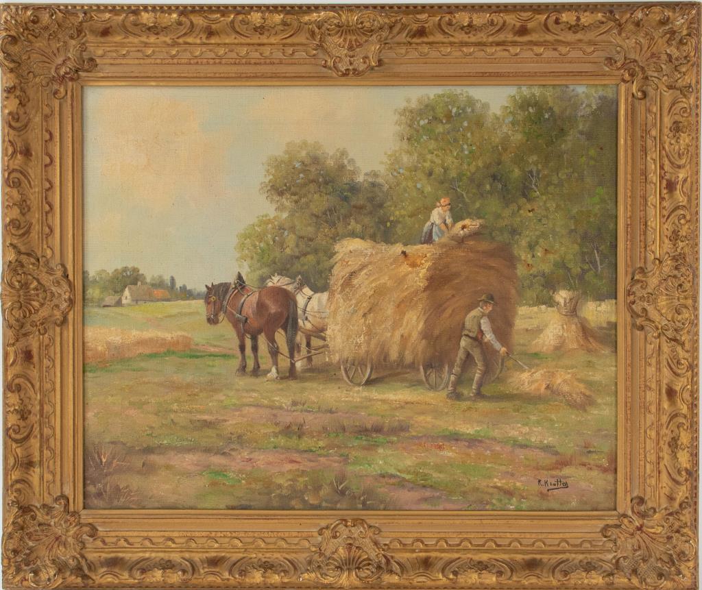 R. Krotter (Hungarian, 20th C.): Oil on canvas depicting a pastoral scene with figures loading a hay wagon being pulled by a pair of draft horses, signed lower right "R. Krotter", gilt wood frame; sight 19 1/2"W, 15 1/2"H; frame 25 1