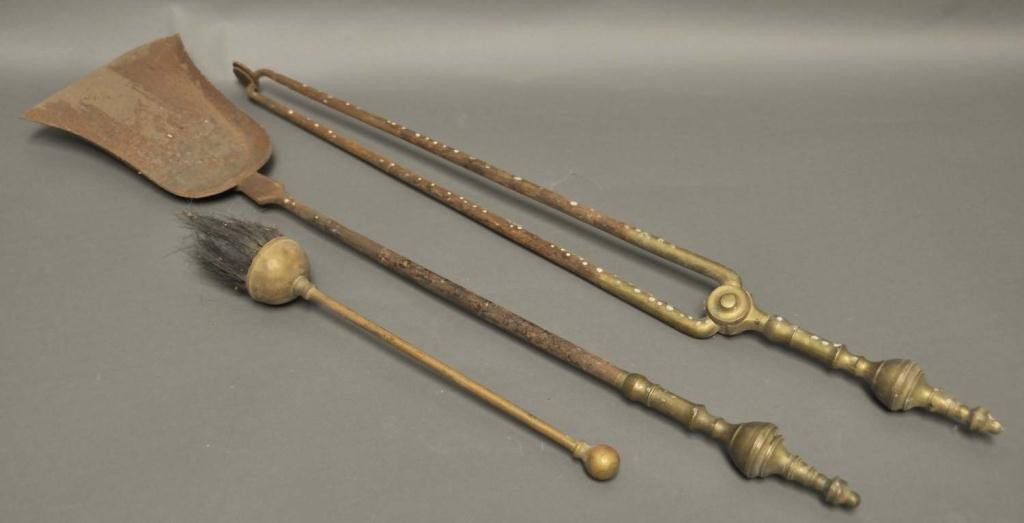 Brass and Iron Fireplace Tools: 19th century; tongs, 31"L; shovel, 31 1/4"L, broom, 15 3/4"; losses to bristles on broom
