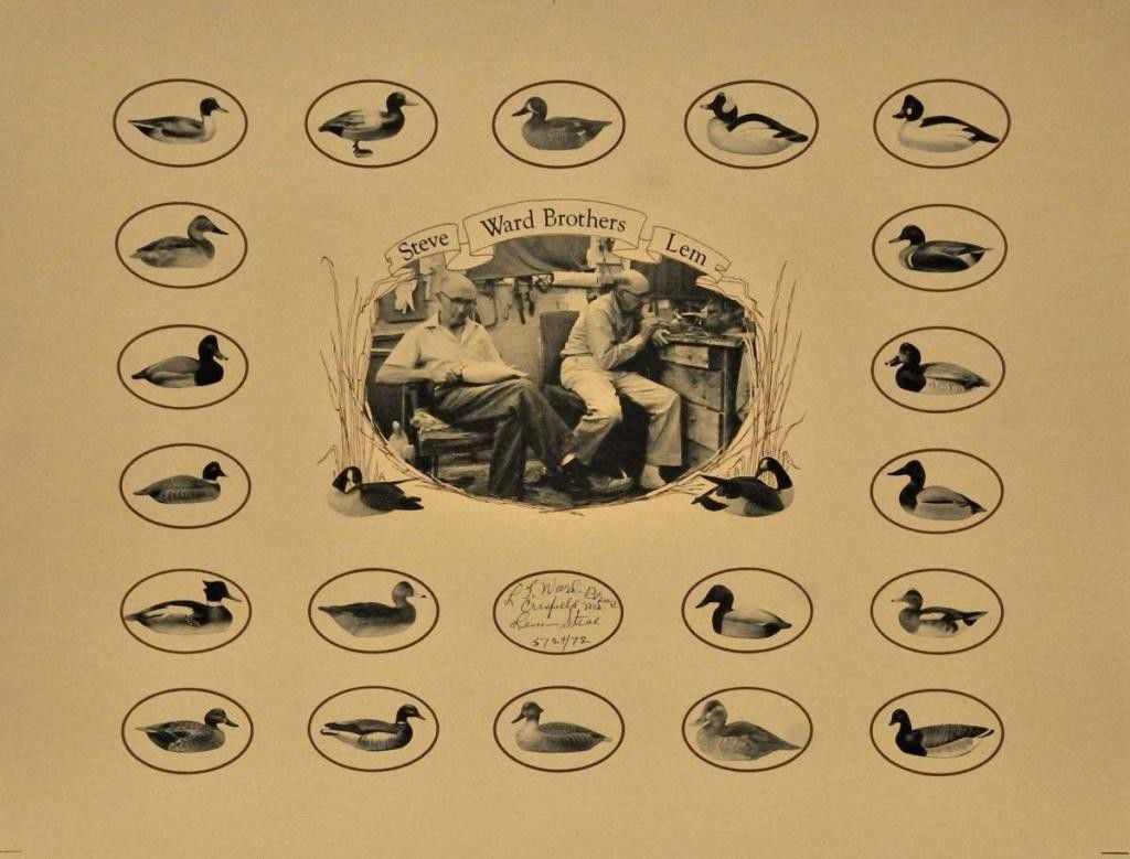 Signed Ward Brothers Decoy Poster: Twenty oval pictures of different decoys surround a central picture of Steve and Lem Ward in their workshop, signed and dated by the brothers in oval beneath their picture "L.S. Ward Bros./Crisfield,