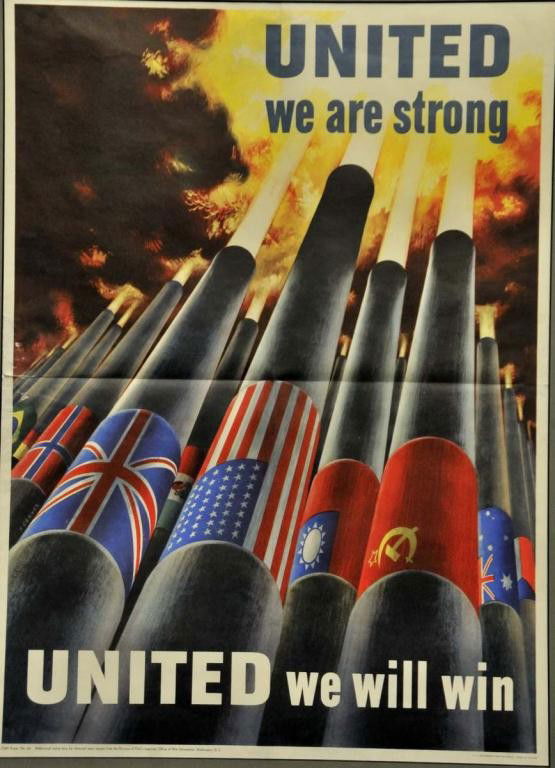 Framed Henry Koerner World War II Poster: c. 1943; depicting a theme of a united alliance for victory by showing artillery barrels firing in unison with identifying flags of the allied countries; produced by the Office of War Information, Was