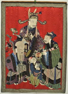 Ch'ing Dynasty Silk Embroidery--Fu, Lu, Shou: Chinese, Ch'ing Dynasty, elaborately embroidered silk wall hanging depicting the Three Star Gods or Three Lucky Men signifying Good Fortune (Fu), Prosperity (Lu) and Longevity (Shou); with Certificate