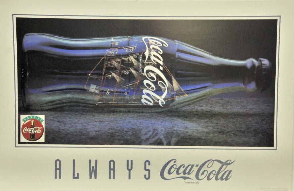 3 Coca-Cola Posters w/ Ship Flying British Flag: Three "Always Coca-Cola" posters depicting a ship flying the British flag inside a contour Coca-Cola bottle; 33 3/4"W, 22 1/4"H