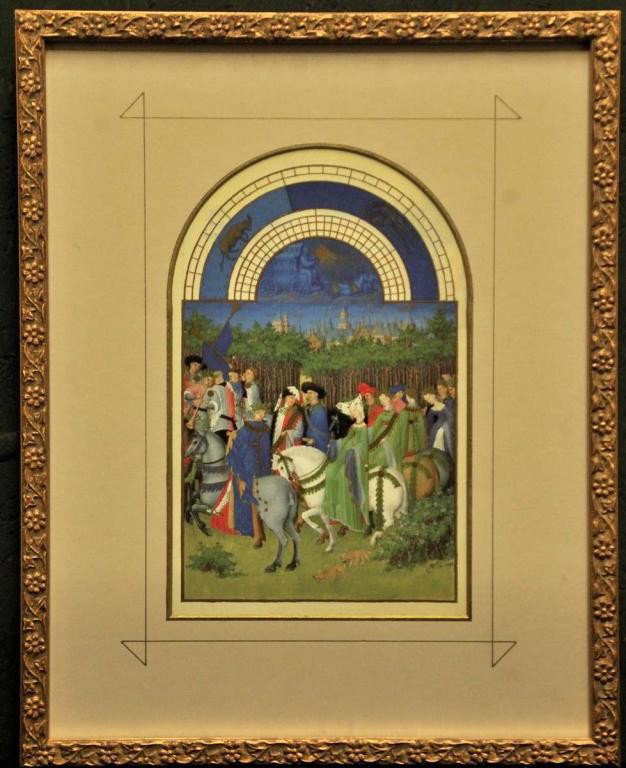 2 Facsimiles of 15th C. Manuscript Illuminations: Framed facsimiles of two pages from the calendar of the Tres Riches Heures du Duc de Berry (The Very Rich Hours of the Duke of Berry), one of the most famous and lavish book of hours (containing praye