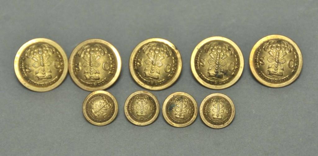 Nine South Carolina Militia Buttons: Five convex 7/8" buttons depicting the Seal of South Carolina, the palmetto tree with "S C"; backmark "HORSTMANN BROS & Co (o is underlined) (dot) PHILA (A is underlined) (dot)" dm inner ring of dots;