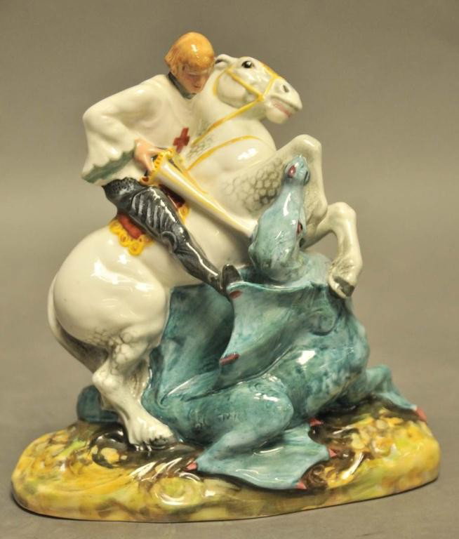 Royal Doulton Porcelain St. George Figure: Porcelain figural group depicting St. George slaying the dragon, H.N. 2051, copyright 1949; 7 1/2"H