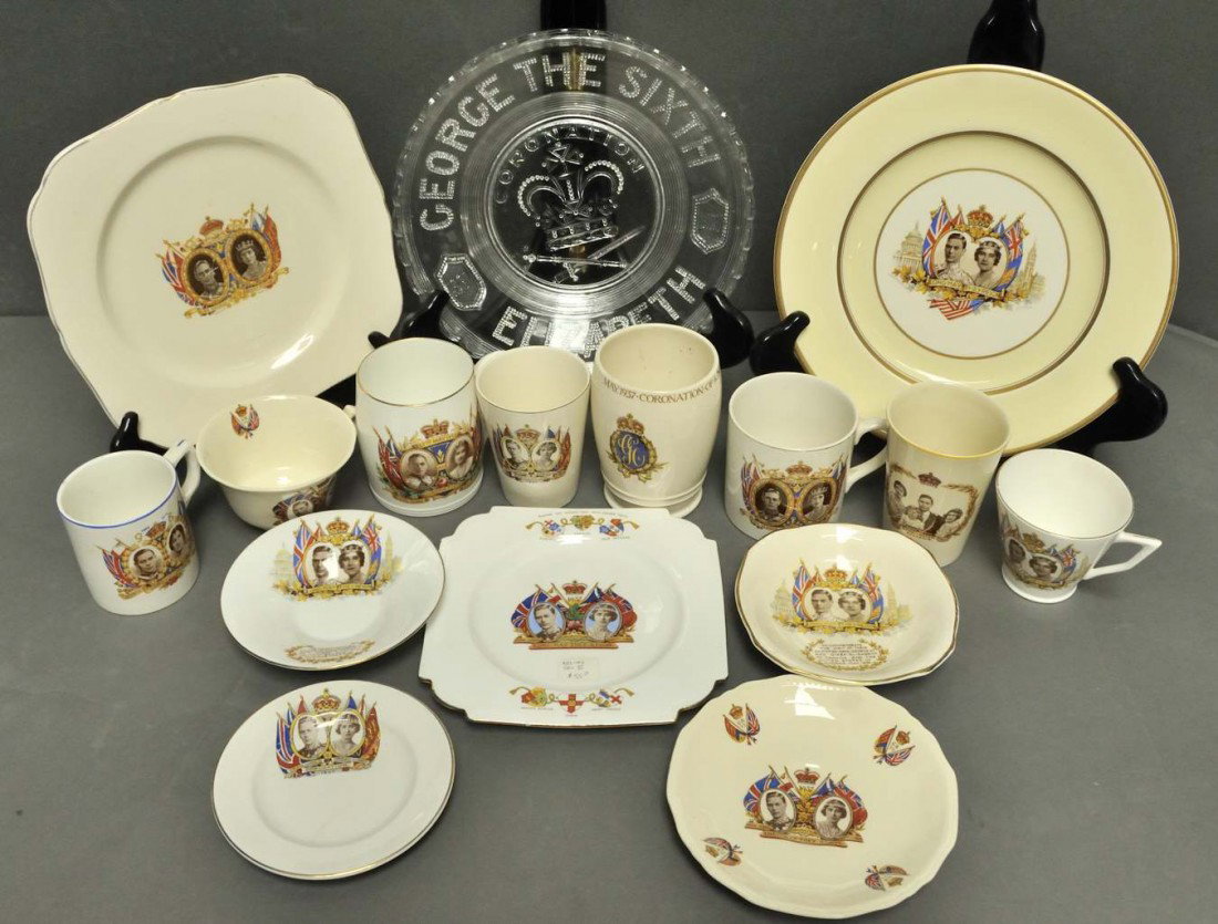 Lot of King George VI & Queen Elizabeth Pcs.: Items commemorating the coronation of King George VI and Queen Elizabeth on May 12, 1937, and most having their portraits flanked by flags include: 1. Alfred Meakin Marigold Astoria Shape cup and sauc