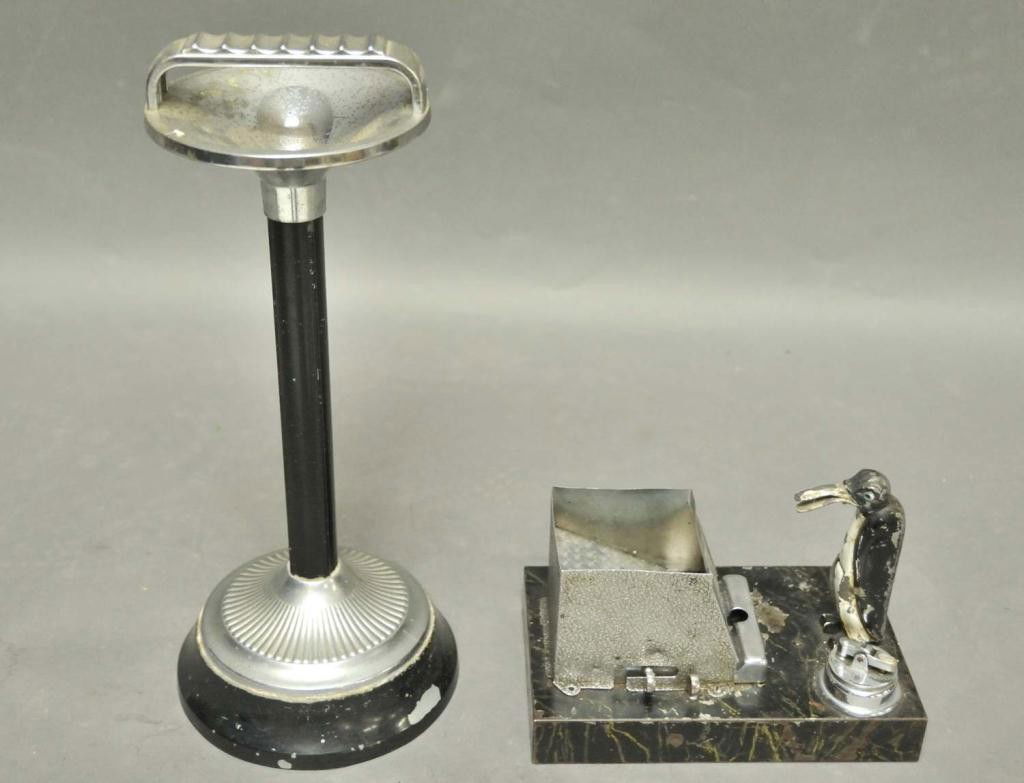Ronson Penguin Pik-A-Cig and Vintage Ashtray: 1. Painted metal cigarette dispenser; c. 1930; mechanism activated by squeezing together two levers on side of cigarette box; penguin leans forward and grabs cigarette in his beak as drawer on cigaret