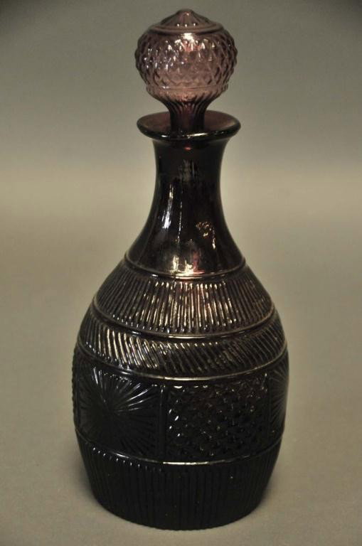Mold Blown Amethyst Glass Decanter: Early 19th century style, Clevenger Brothers, Clayton, New Jersey (active 1930-1960); 10 1/4"H