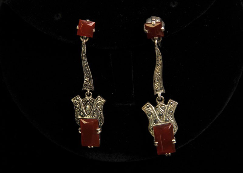 Sterling, Marcasite & Carnelian Drop Earrings: A pair of vintage sterling silver, marcasite and carnelian drop earrings; marked "sterling"; screw-back mounts