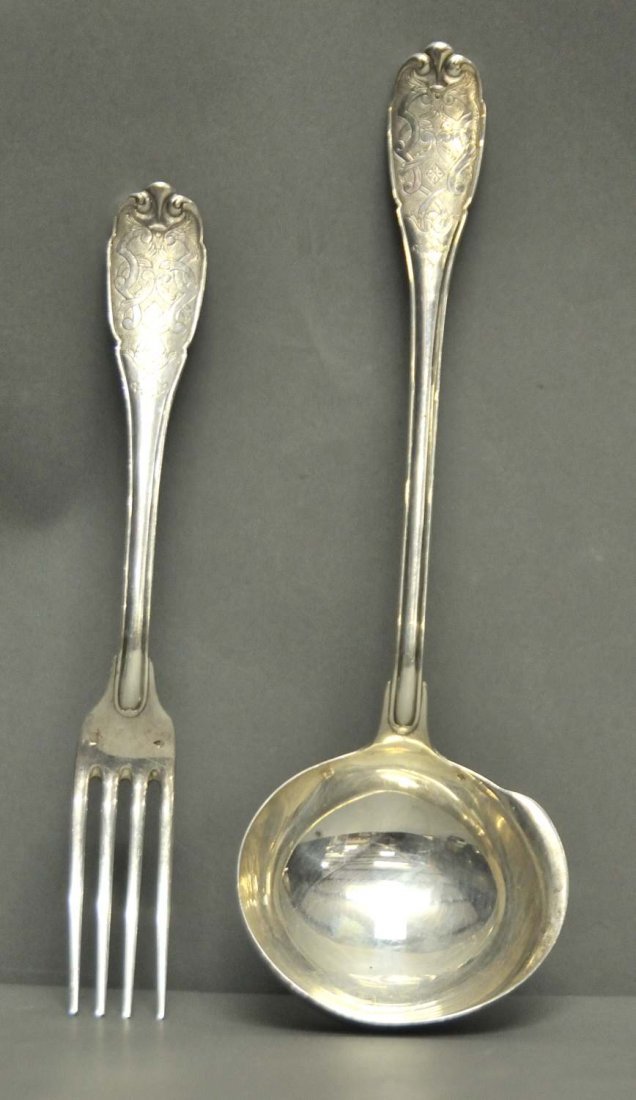 Puiforcat Sterling Ladle & Fork, Elysee Pattern: Jean E. Puiforcat (French, 1887-1945) sterling silver ladle and dinner fork in the Elysee pattern; 20th century; each marked with penknife between "EP" and (Minerva); ladle 9 3/4"L; fork 8 1/8"L; tota