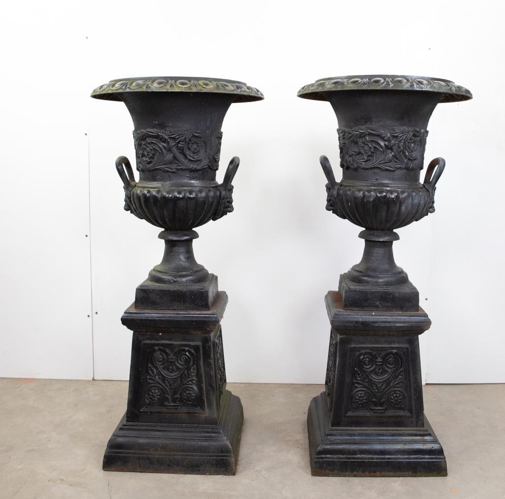 Pair Cast Iron Garden Urns on Pedestals (1 of 6)
