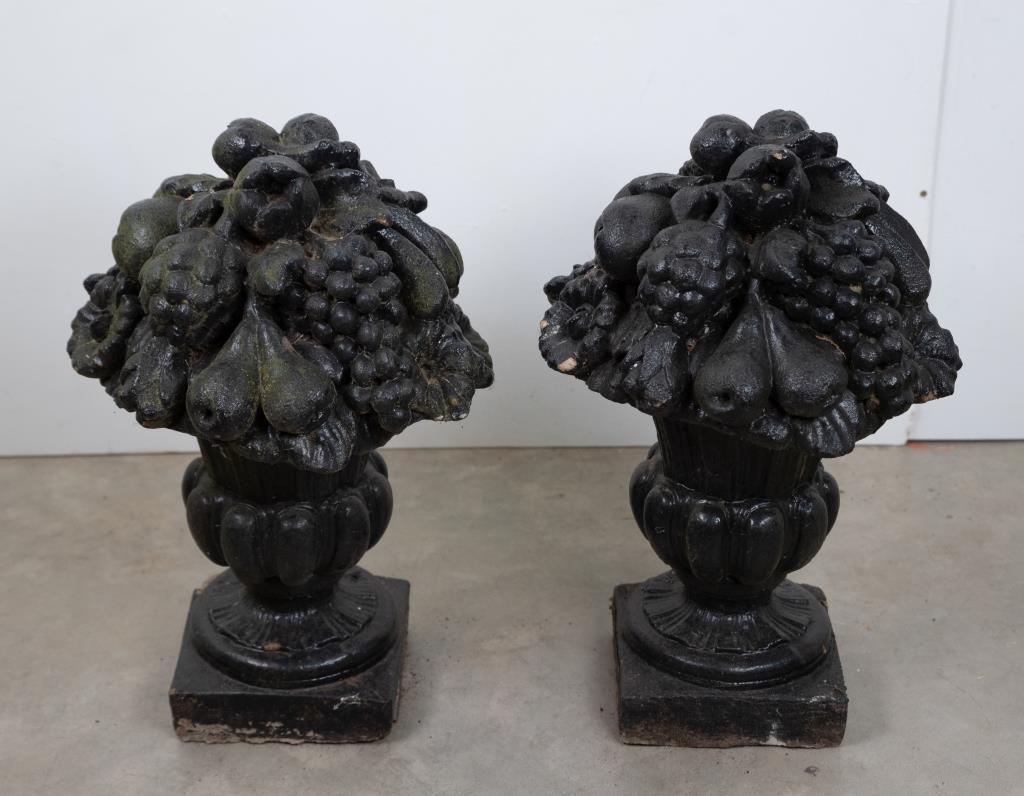 Pr. of Cast Concrete Garden Urns w/ Fruit (1 of 8)
