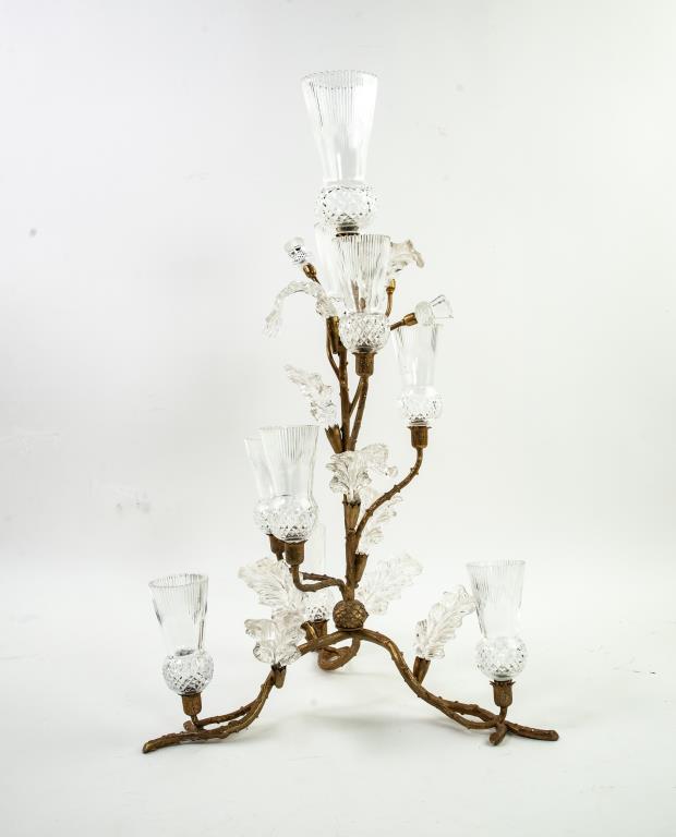 Cut Glass & Gilt Metal Thistle Epergne: Naturalistic gilt metal epergne fashioned as a thistle plant having a three-leg base and curving branches set with nine cut glass thistle form vases, three thistle buds and nine leaves; approx. 19 3/4