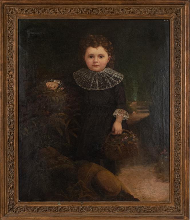 19th C. Oil on Canvas Portrait of Young Girl: Depicting a garden setting with young girl wearing a dress with lace collar and cuffs, holding a basket full of flowers in her left hand and a sprig of flowers in her right hand, her hat placed on gro