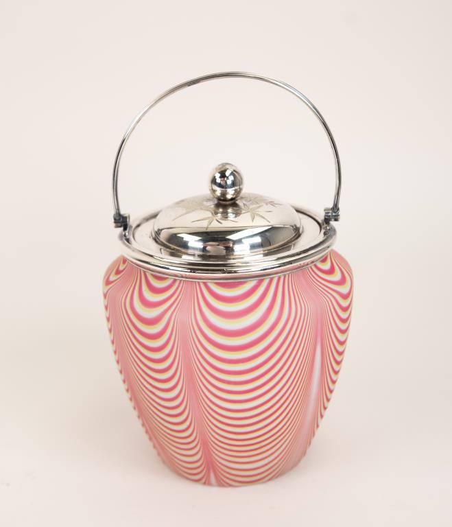Stevens and Williams Northwood Pull-Up Art Glass: Biscuit jar with pink, yellow and white design; silverplate mounting, lid and handle; lid with engraved bamboo, marked "W & H" within a pennant (Walker & Hall) and "2152 / 2"; 8 1/4"H including handle