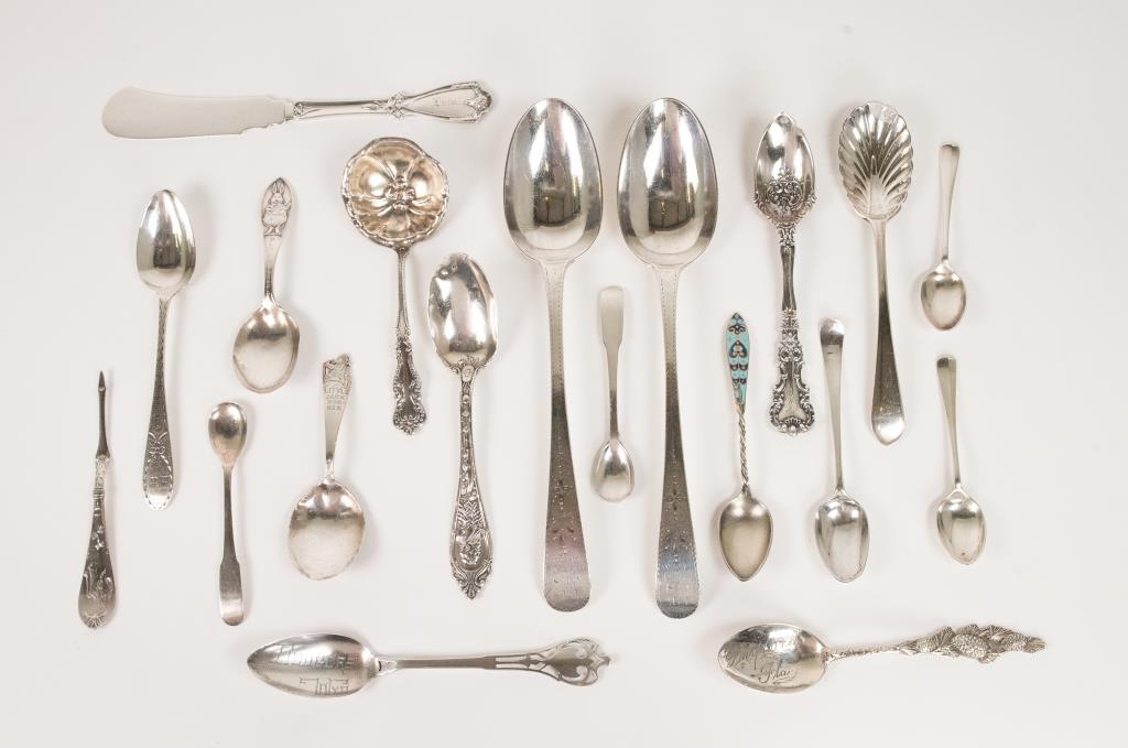 Sterling Spoons--George III, Souvenir, Other: Lot includes 17 sterling spoons and two silverplate items: Pair George III serving spoons, hallmarked London, 1791, by George Gray, bright-cut decoration, one engraved "I + E / I + S / Born 19 / Nov 1