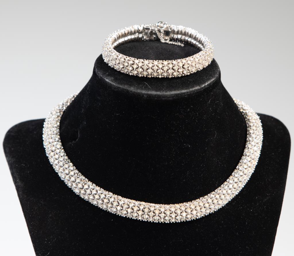 Ciner Swarovski Crystal Choker & Bracelet: Ciner Swarovski crystal silvertone choker and matching bracelet, each marked "Ciner" on clasp; each approx. 7/16"W; approximately seven crystals missing in necklace and two in braceet (Ref. 2)