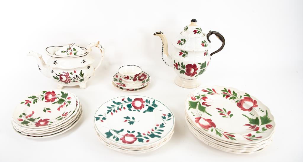 Early Staffordshire Adams Rose Pattern China: Assembled set of 24 pieces, some with scalloped rim and some with smooth rim, some marked with impressed "ADAMS" and some unmarked, including: 11"H coffeepot with make do metal handle; seven 10 1/2" p
