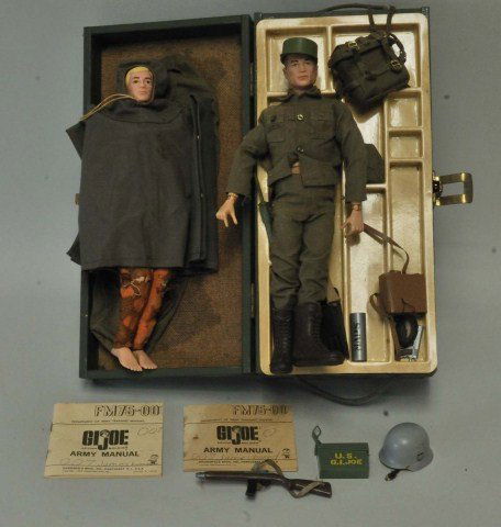 G.I. Joe Action Figures, Footlocker, Accessories: Two G.I. Joe action figures, one with auburn painted hair and blue eyes wearing fatigues with boots, one with blonde painted hair and brown eyes wearing wet suit with poncho (wet suit is deteriorating