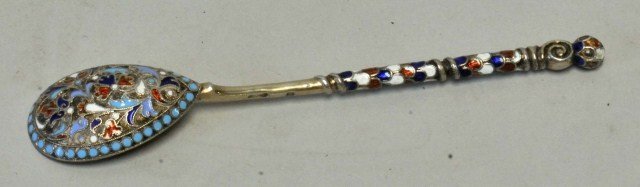 Russian Silver and Enamel Spoon: Russian 875 silver and enamel spoon, c. 1900 (with first Kokoshnik mark); maker Gustav Gustavovich Klingert; assayer mark probably Yakov Lyapunov, St. Petersburg; 4 1/4"L; loss to enamel on tip of han