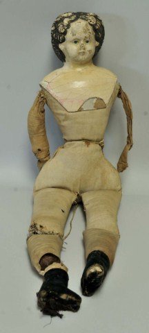 Greiner Papier Mache Doll: Brunette with turquoise blue eyes, cloth body; partial Greiner label on back; 22 1/2"H; losses evident in pictures