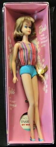 1965 American Girl Barbie Doll in Original Box: Model #1070, 1965, ash blonde hair and high color face, wearing one-piece turquoise striped swimsuit and turquoise open toe heels; box with minor wear, cracks to corners of plastic lid, two ink markin