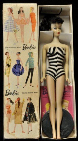 #3 Ponytail Barbie in Original Box, c. 1960: Stock No. 850, #3, brunette ponytail with curly bangs, red polished nails, wearing black and white stripe swimsuit, original box includes #3 stand, plastic package containing booklet and sunglasses; b