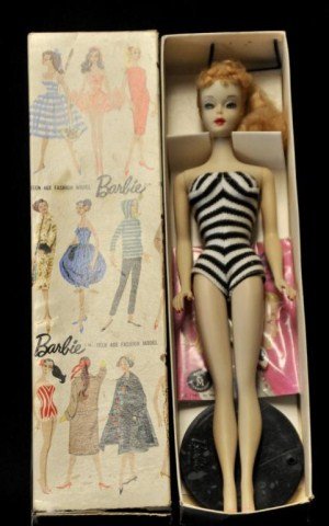 #3 Ponytail Barbie in Original Box, c. 1960: Stock No. 850, #3, blonde ponytail with curly bangs, red polished nails, wearing black and white stripe swimsuit, original box includes #3 stand, plastic package containing booklet and sunglasses; box
