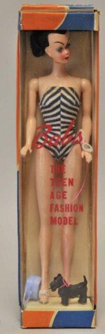 Hong Kong Lilli "Babs" Clone Barbie Doll: 12" fashion doll; c. 1960s; in original box with Scottie dog, blue plastic bag, and sunglasses; wearing black and white stripe swimsuit; box with small tears and minor wear