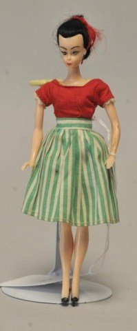 Two Hong Kong Lilli 7 1/2" Fashion Dolls: 1. Black ponytail with molded earrings and shoes, wearing dress with red bodice and green/white striped skirt; 2. Blonde ponytail with molded earrings and shoes, wearing blank ankle length slacks, whi