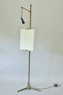 Arredoluce Brass Easel Lamp: Tripod lighted easel with original brass foot switch, fully articulating lamp arm, adjustable easel supports; impressed manufacturer's mark to underside "Made in Italy Arredoluce Monza"; 82 1/2"H