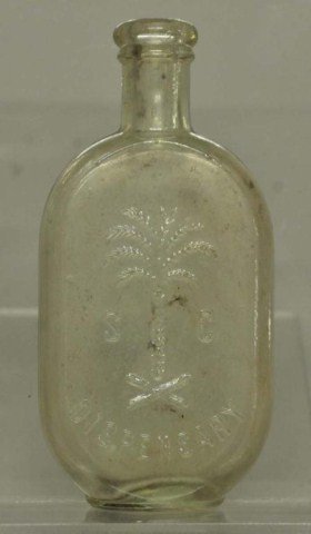 South Carolina Dispensary JoJo Flask: Slight yellow tint, half pint flask No. 127 with Palmetto tree, "E.P.JR.&CO." embossed on back, "2" embossed on bottom; mineral stains--Reference Book: [The South Carolina Dispensary a bottle collecto