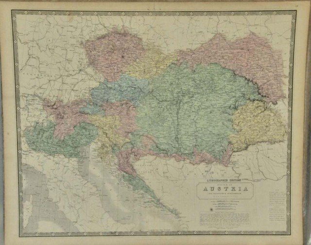 Seven W. & A. K. Johnston 19th Century Maps: All hand colored, mid-19th century maps including: 1. Turkey in Europe; 25 3/4"W, 21 1/4"H; 2. Turkey in Asia (shows Cyprus); 25 3/4"W, 21 1/4"H; 3. Van Diemen's Land or Tasmania; 21 1/4"W, 25 3/4"H;