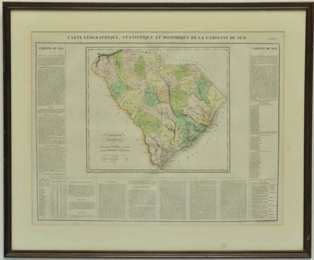 Carte Geographique et Historique de la Caroline: c. 1825, "Carte Geographique, Statistique et Historique de la Caroline du Sud"; double page engraved and hand colored map of South Carolina showing various rivers, trails, and villages; map surrounded