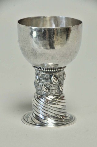 Bossard & Sohn, Switzerland, Silver Chalice: .900 silver (marked) chalice with hammered bowl, chased stem with embossed teardrops and surmounted by beaded band, swirled base and foot; 4"H; small dents