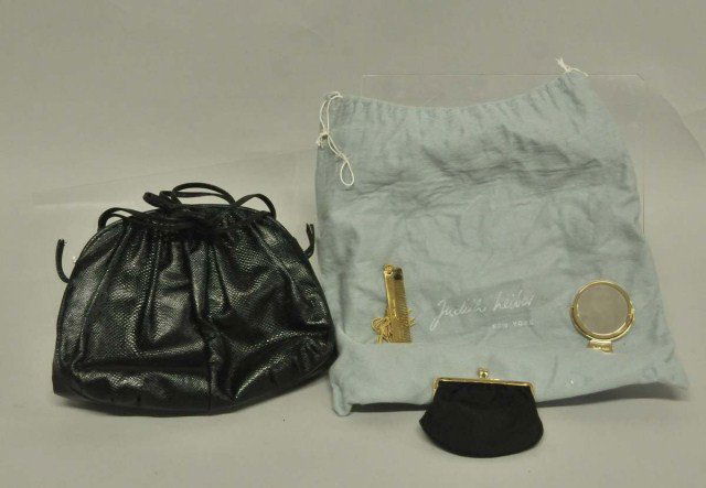 Judith Leiber Lizard Handbag & Accessories: Judith Leiber black lizard handbag, with gold mirror and comb (both marked Judith Leiber) and black coin purse (unmarked); also including "Judith Leiber" drawstring storage bag and original receipt da