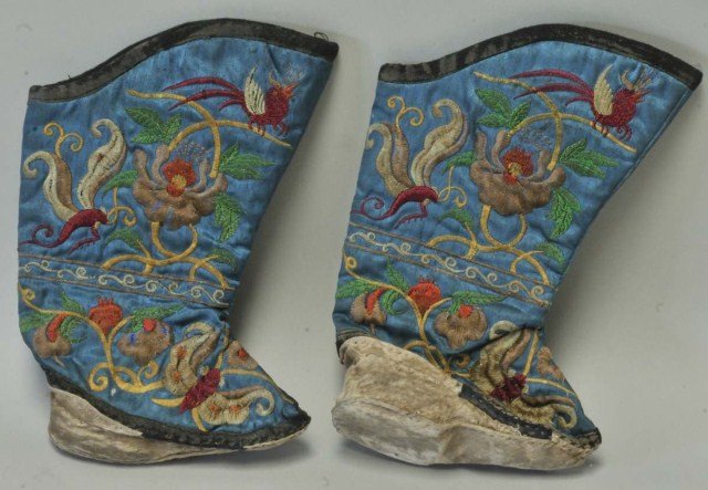 Pair Chinese Embroidered Silk Boots: Embroidered with birds, butterflies, and flowers; 7 3/4"H; late 19th/early 20th century; wear to binding fabric around top and bottom of boots, soles soiled
