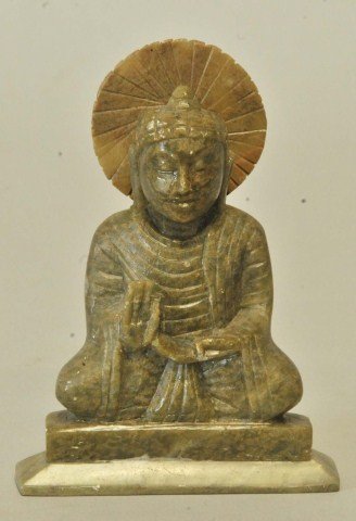 Soapstone Carving of Buddha: Seated image of Buddha with a halo, 5 1/4"H, 3 7/8"W, 1 3/4"D