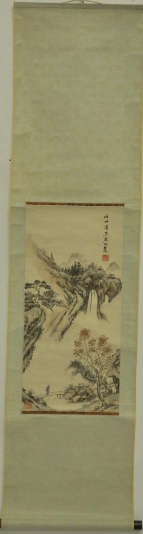 Signed Chinese Painting on Scroll: Mountainous landscape with figure on bridge; ink and color on paper; calligraphy with two red seals; painting 11"W, 23 1/4"H; overall 14 3/4"W, 58 1/2"H; some spots of foxing outside area of painting