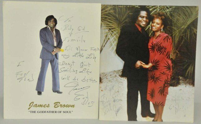 Autographed Photo & Print--James Brown: 1. 8" x 10" promotional print with standing image of "James Brown The Godfather of Soul", inscription on left "I Feel Good", inscription and autograph on right "To Baby Girl & Famaily I,ll Never Forge
