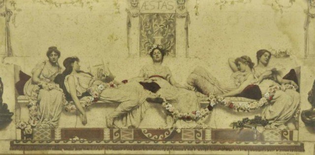 Framed Lithograph of Vestal Virgins: Lithograph with hand enhanced coloring depicting an ancient Roman interior with five Vestal Virgins reclining beneath a monument to "Aestas" (the Roman personification of summer), a garland of roses s