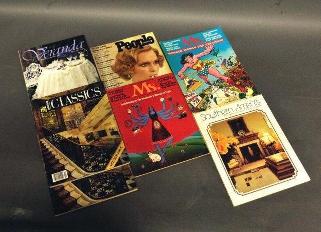 Collection of 7 First & Preview Issue Magazines: Including: 1. Preview issue of "Ms." dated Spring/72 and used as a "one-shot" sample insert tucked inside "New York Magazine" in December 1971; cover art by Miriam Nosk depicting a woman multitasking 