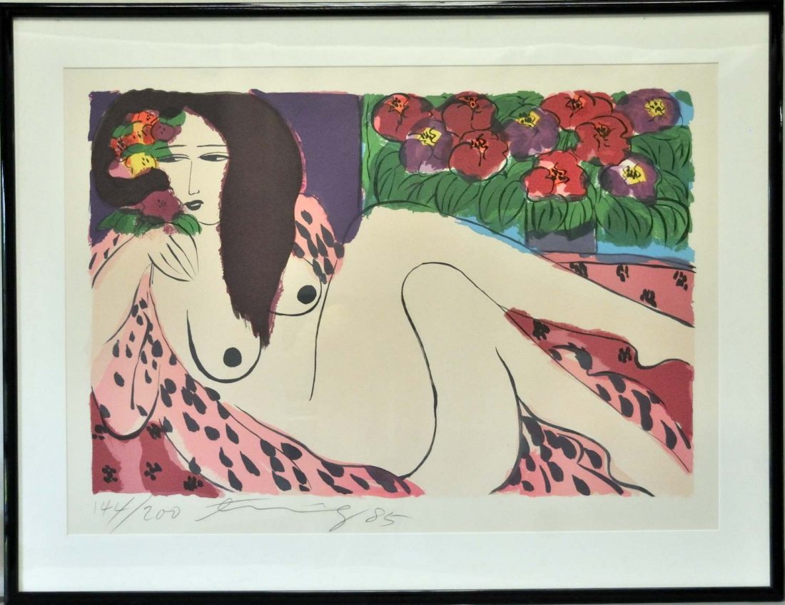 Walasse Ting (Chinese-American 1929-2010): "Canape Tachete" lithograph; signed, numbered (144/200), and dated ('85) in pencil; matted and under glass in black metal frame; sight 38 1/4"W, 27 1/2"H; frame 45 3/4"W, 35 1/2"H