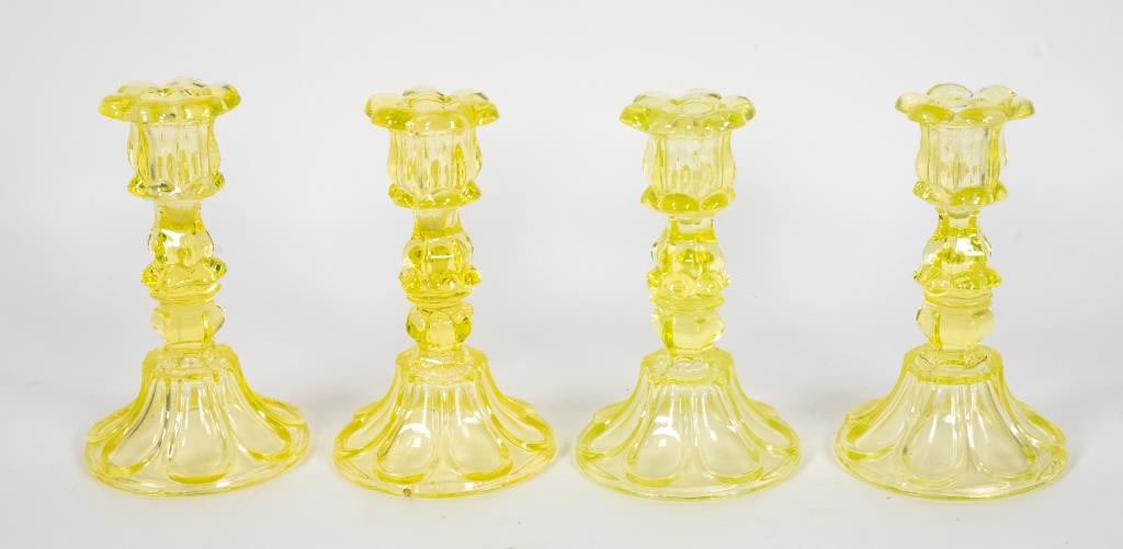 4 Petal & Loop Vaseline Candlesticks (1 of 8)