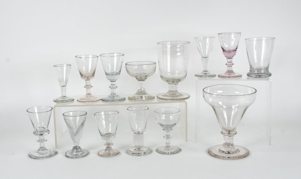 19th Century Blown Wine & Other Glasses: Lot of 14 assorted wine glasses, rummers and other, each clear, eight with rough pontil mark and six with polished pontil mark, one with light purple tint, 19th century; 3 1/2"H - 5 1/2"H; one with sm