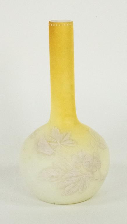 Thomas Webb Cameo Glass Decanter or Vase: Shaft and globe form, yellow to pale yellow background with cameo carved white floral and foliate overlay, polished pontil mark, unmarked, attributed to Webb, late 19th century; 8"H; good condition wi