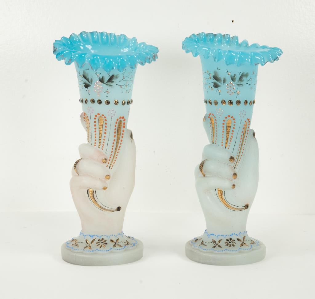 Pr. of Blown Victorian Hand w/ Cornucopia Vases (1 of 5)